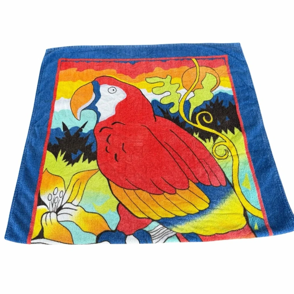 Vintage Cecil Saydah Tropical Parrot Beach Pool Towel Bright Colorful 30x59 GUC